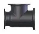 A 3D rendering of the Fire Protection Parts 6 X 4 X 4 Black Flanged Reducing Cast Iron Tee. This T-shaped fitting has cylindrical ends and a smooth matte finish, ideal for fire protection systems integration.