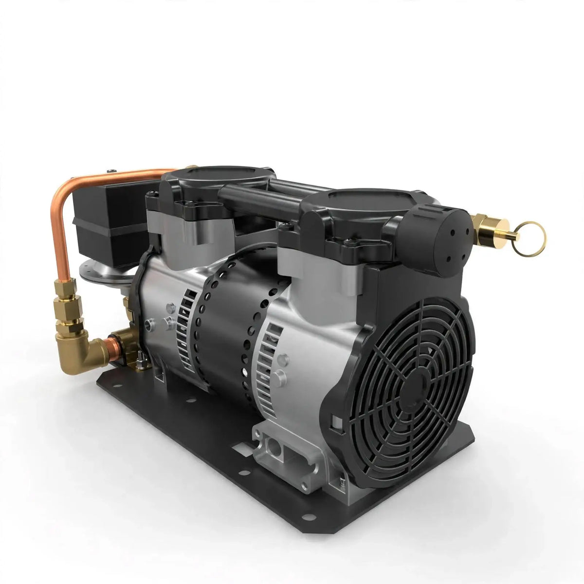 A 1/4 horsepower single-stage air compressor with a black and silver motor housing, a black base plate, a large front fan, a copper inlet pipe with brass fittings, and a brass valve key, shown on a white background.