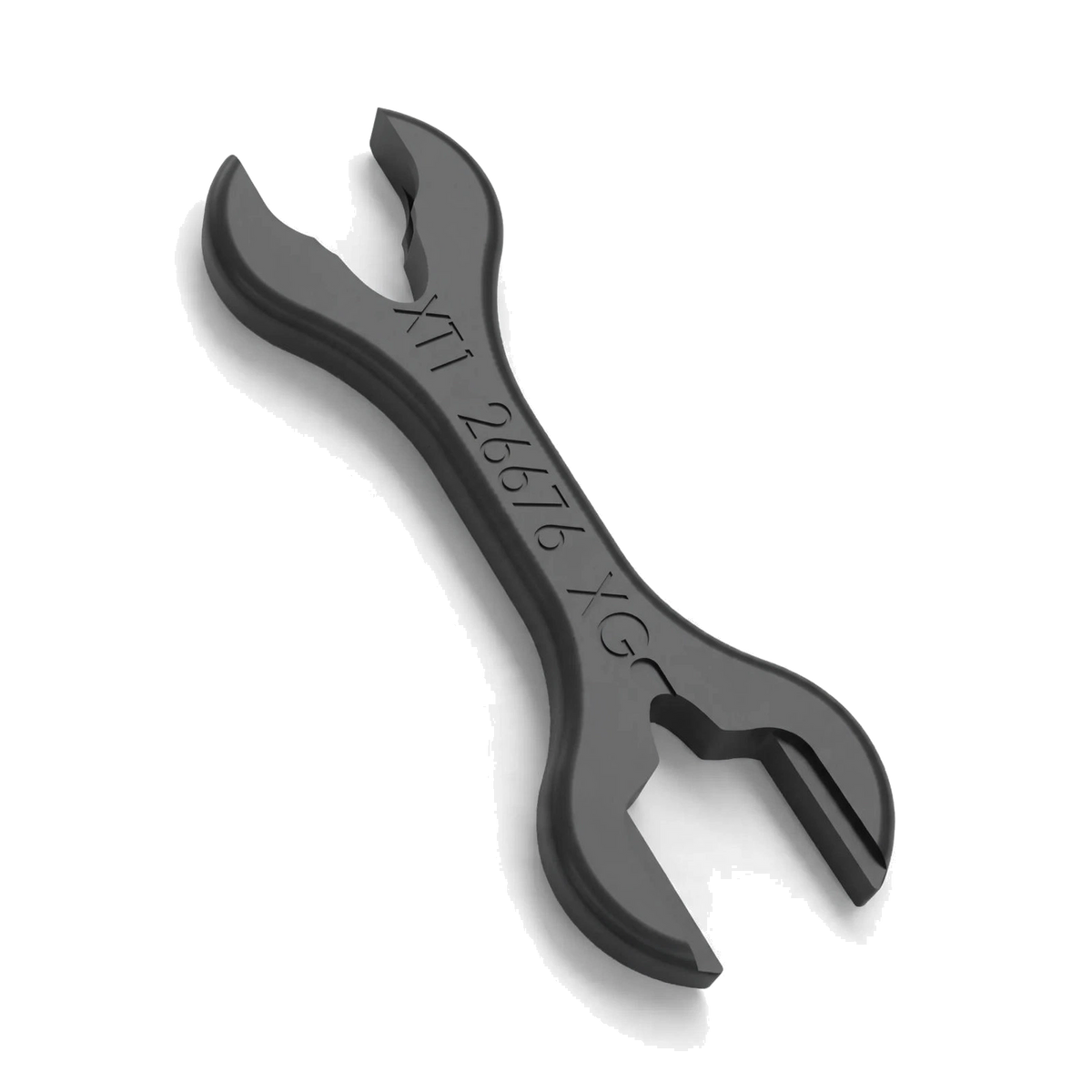 A dark gray adjustable wrench with engraved markings, shown on a clean white background with a soft shadow.