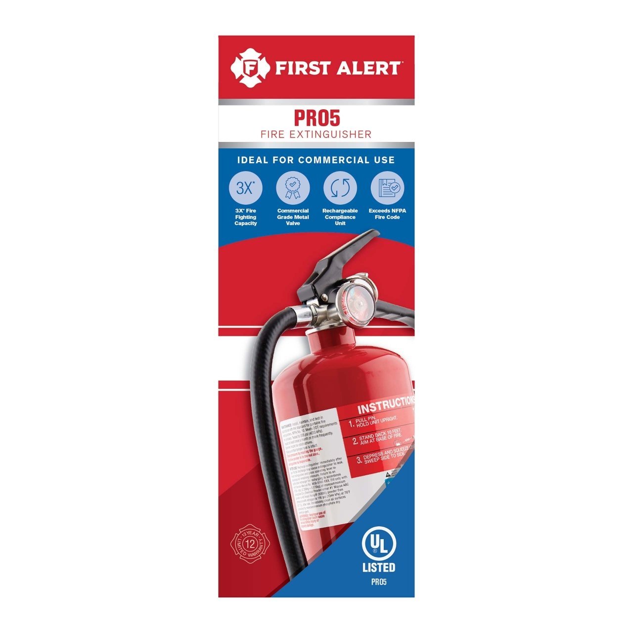 BRK PRO5 Rechargeable Heavy Duty Fire Extinguisher UL Rated 3 - A:40 - B:C (Red) - Fire Protection Parts