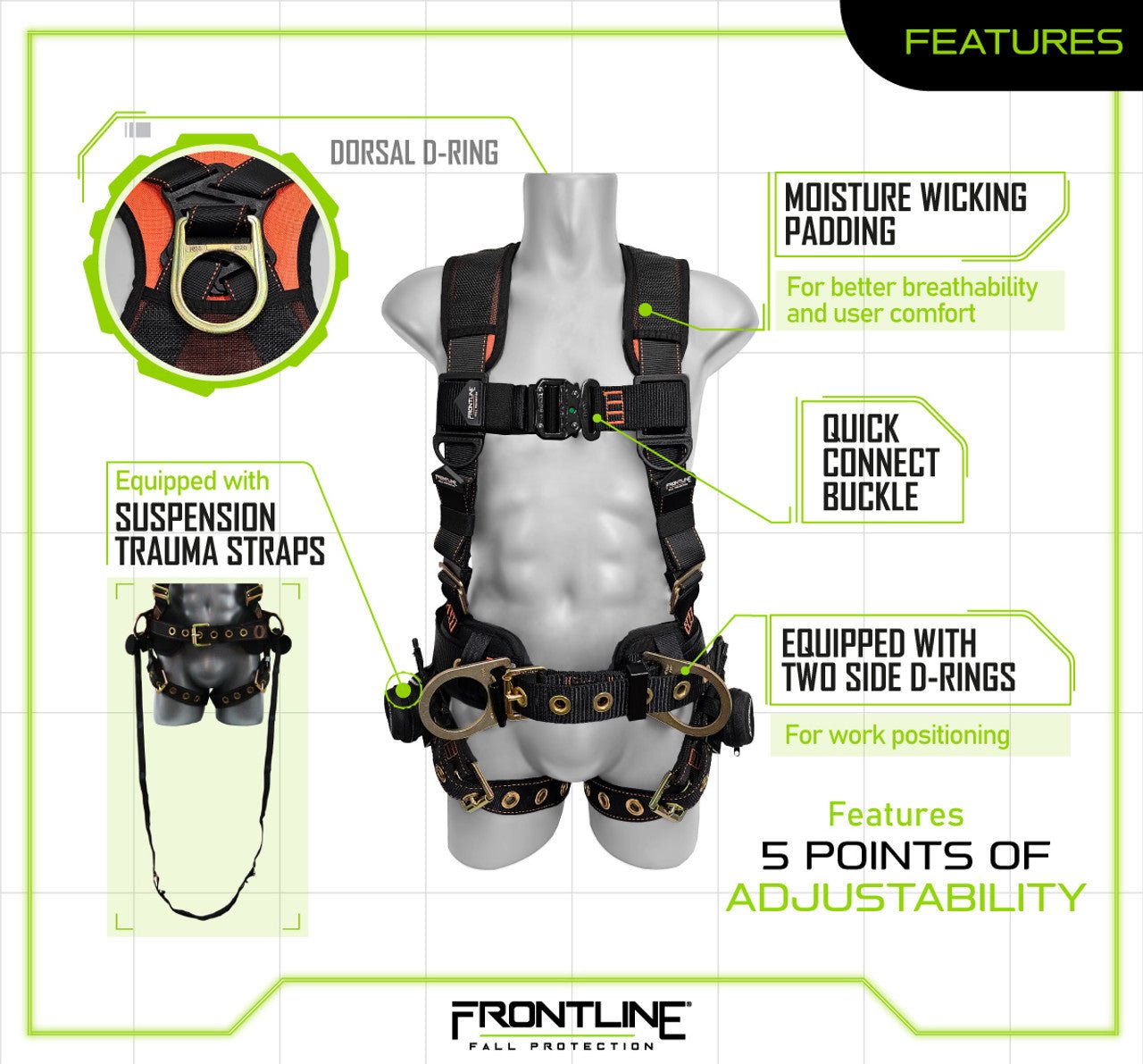 Frontline 100CTB Combat Construction Full Body Harness with Tongue Buckle Legs and Trauma Straps M/L - Fire Protection Parts