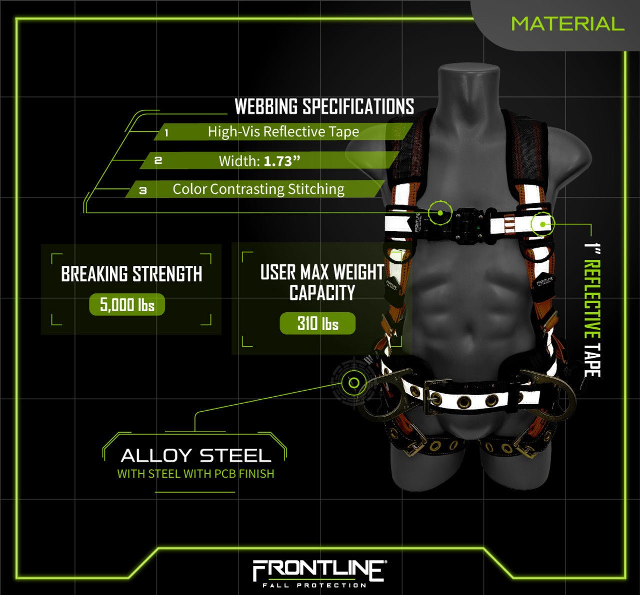 Frontline 100RCTB Combat Reflective Construction Full Body Harness with Tongue Buckle Legs and Trauma Straps M/L - Fire Protection Parts