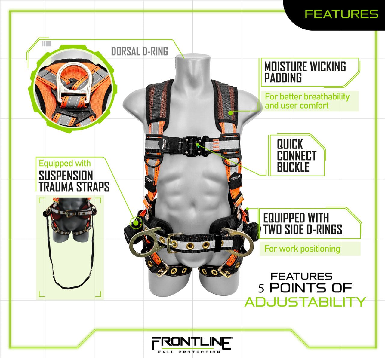 Frontline 100RCTB Combat Reflective Construction Full Body Harness with Tongue Buckle Legs and Trauma Straps XL/2X - Fire Protection Parts