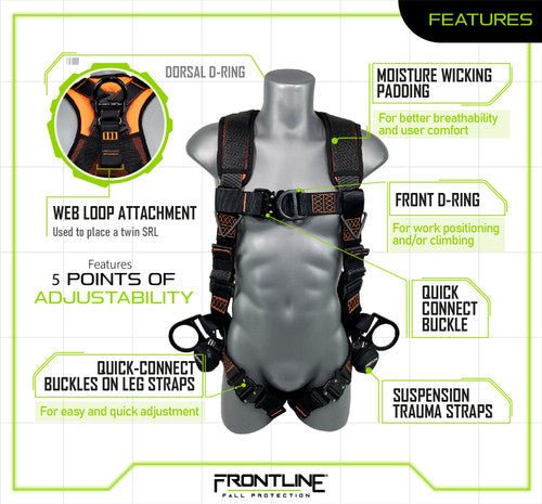 Frontline 105CFTB Combat Vest Style Harness with Front Side D - Rings and Suspension Trauma Straps 2X/3X - Fire Protection Parts