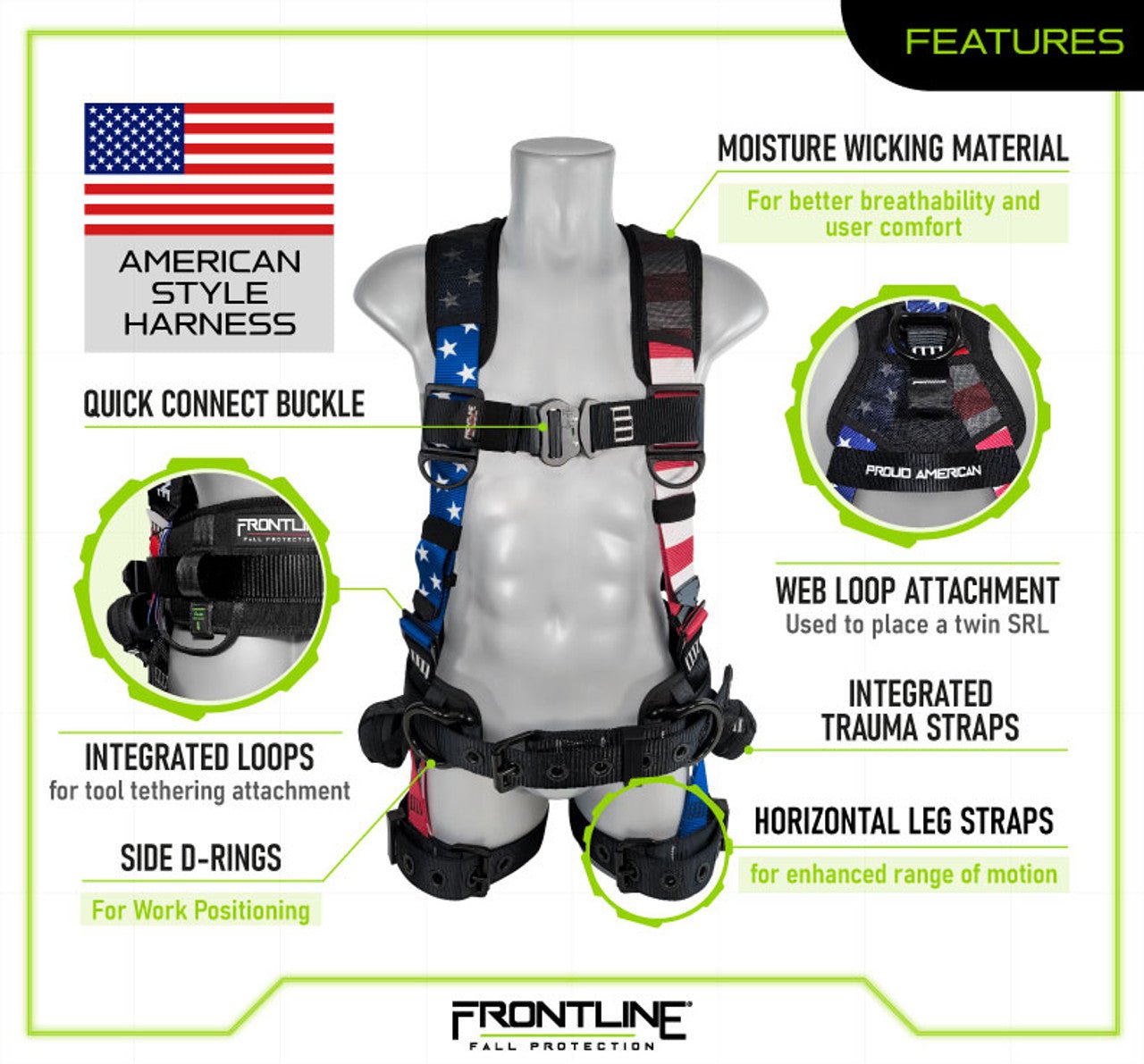Frontline 110CTB - AM American Style Full Body Harness with Aluminum Hardware and Suspension Trauma Straps S - Fire Protection Parts