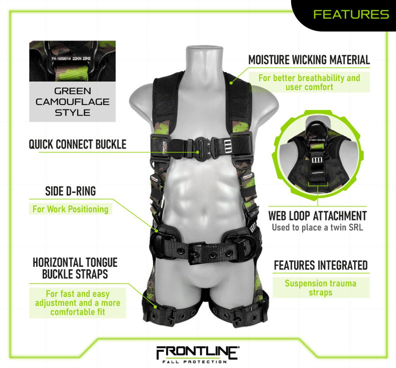 Frontline 110CTB - CF Camouflage Full Body Harness with Aluminum Hardware and Suspension Trauma Straps S - Fire Protection Parts