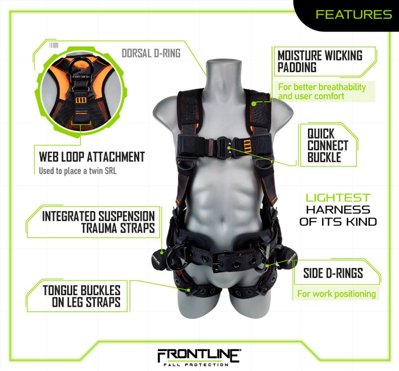 Frontline 110CTB Combat Lite Full Body Harness all Aluminum Hardware and Suspension Trauma Straps M/L - Fire Protection Parts