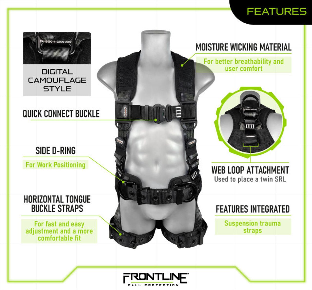 Frontline 110CTB - DC Digital Camo Full Body Harness with Aluminum Hardware and Suspension Trauma Straps S - Fire Protection Parts
