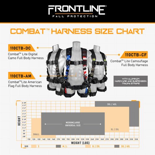 Frontline 110CTB - DC Digital Camo Full Body Harness with Aluminum Hardware and Suspension Trauma Straps S - Fire Protection Parts