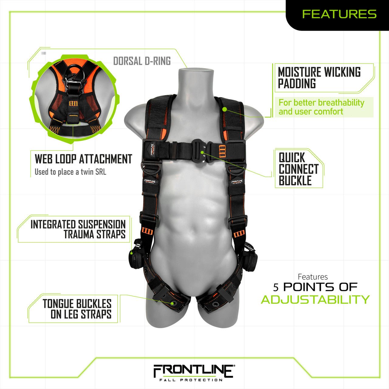 Frontline 110VTB Combat Lite Vest Style Harness with Aluminum Hardware and Suspension Trauma Straps XL/2X - Fire Protection Parts