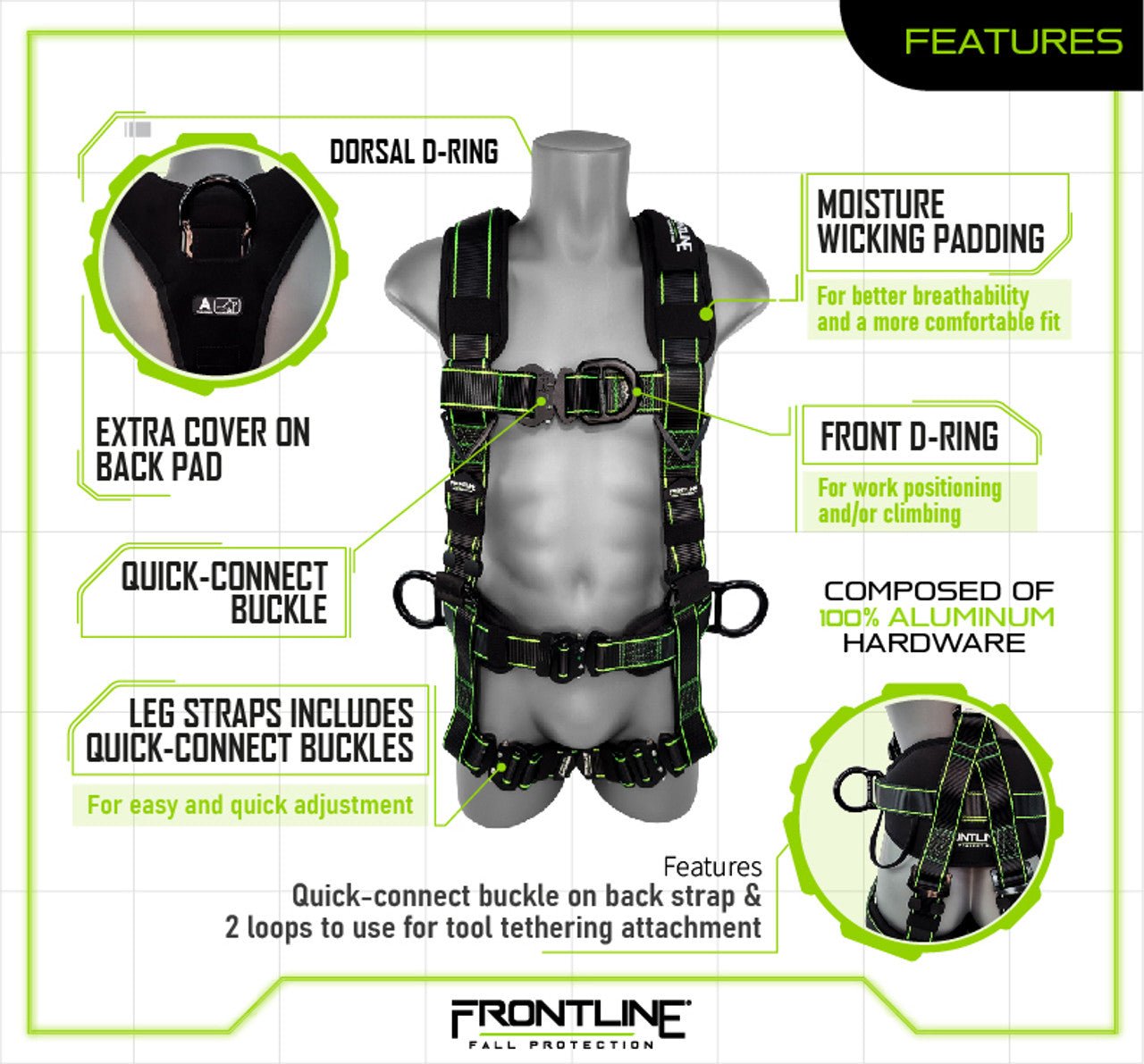 Frontline 200RE Elite Lite Climbing/Rescue Full Body Harness with Aluminum Quick Connect Buckles Universal - Fire Protection Parts
