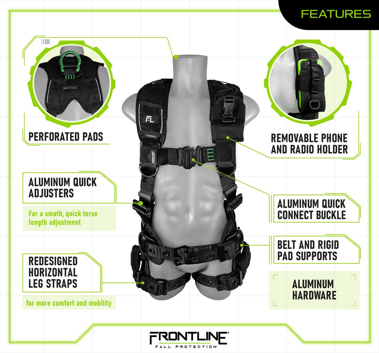 Frontline 250CTB Elite Construction Harness Aluminum Hardware and Suspension Trauma Straps XL/2XL - Fire Protection Parts