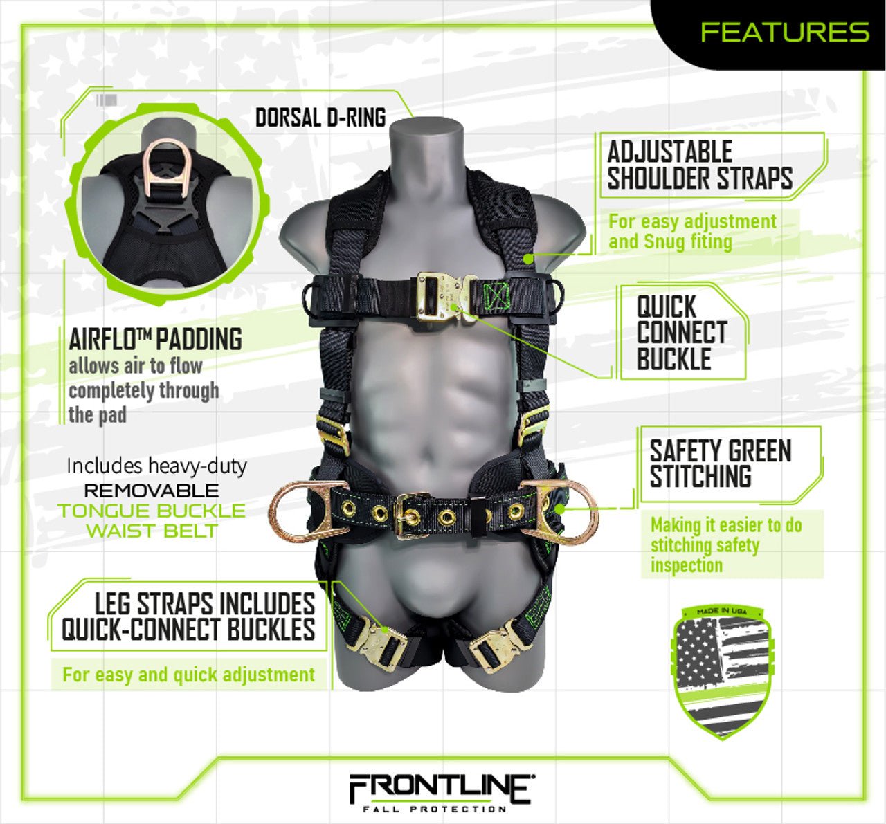Frontline 350CQC Patriot Construction Harness with Airflo and Quick Connect Buckles - Made in USA Universal - Fire Protection Parts