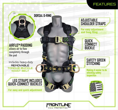 Frontline 350CQC Patriot Construction Harness with Airflo and Quick Connect Buckles - Made in USA XL - Fire Protection Parts