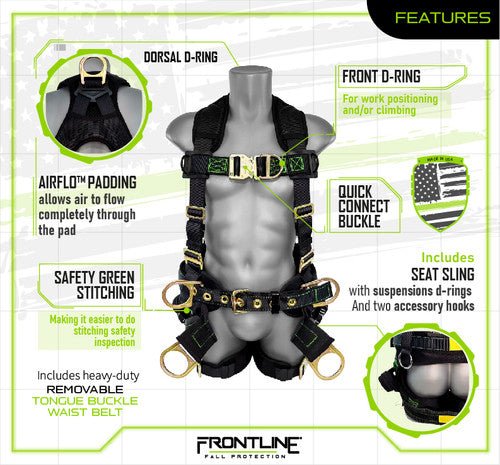 Frontline 350TWQC Patriot Tower Climbing Harness with Seat Sling, Airflo and Quick Connect Buckles - Made in USA 2XL - Fire Protection Parts