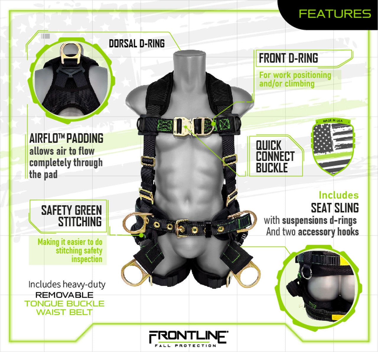 Frontline 350TWQC Patriot Tower Climbing Harness with Seat Sling, Airflo and Quick Connect Buckles - Made in USA XL - Fire Protection Parts