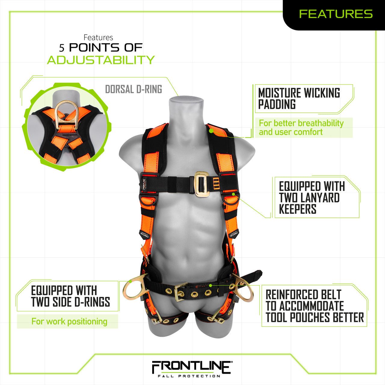 Frontline 50CTB Combat Construction Style Full Body Harness with Tongue Buckle Belt & Legs S - Fire Protection Parts