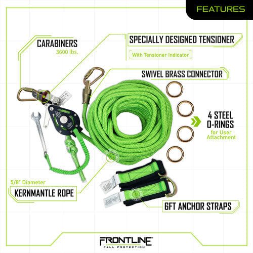 Frontline HLK1004 4 - person 100' Adjustable Horizontal Lifeline System with 6' Anchor Straps - Fire Protection Parts