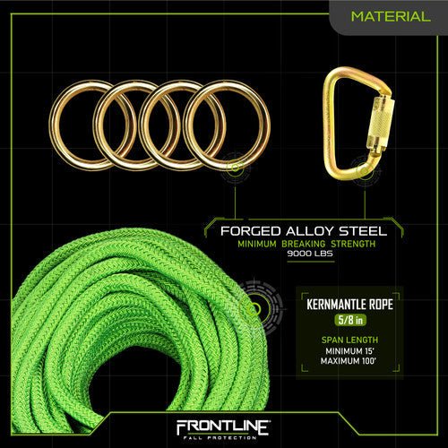 Frontline HLK1004 4 - person 100' Adjustable Horizontal Lifeline System with 6' Anchor Straps - Fire Protection Parts