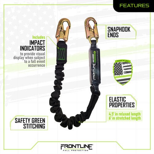 Frontline LES61S - US Patriot 6' Single Leg Elastic Lanyard with Snaphooks - Made in USA - Fire Protection Parts