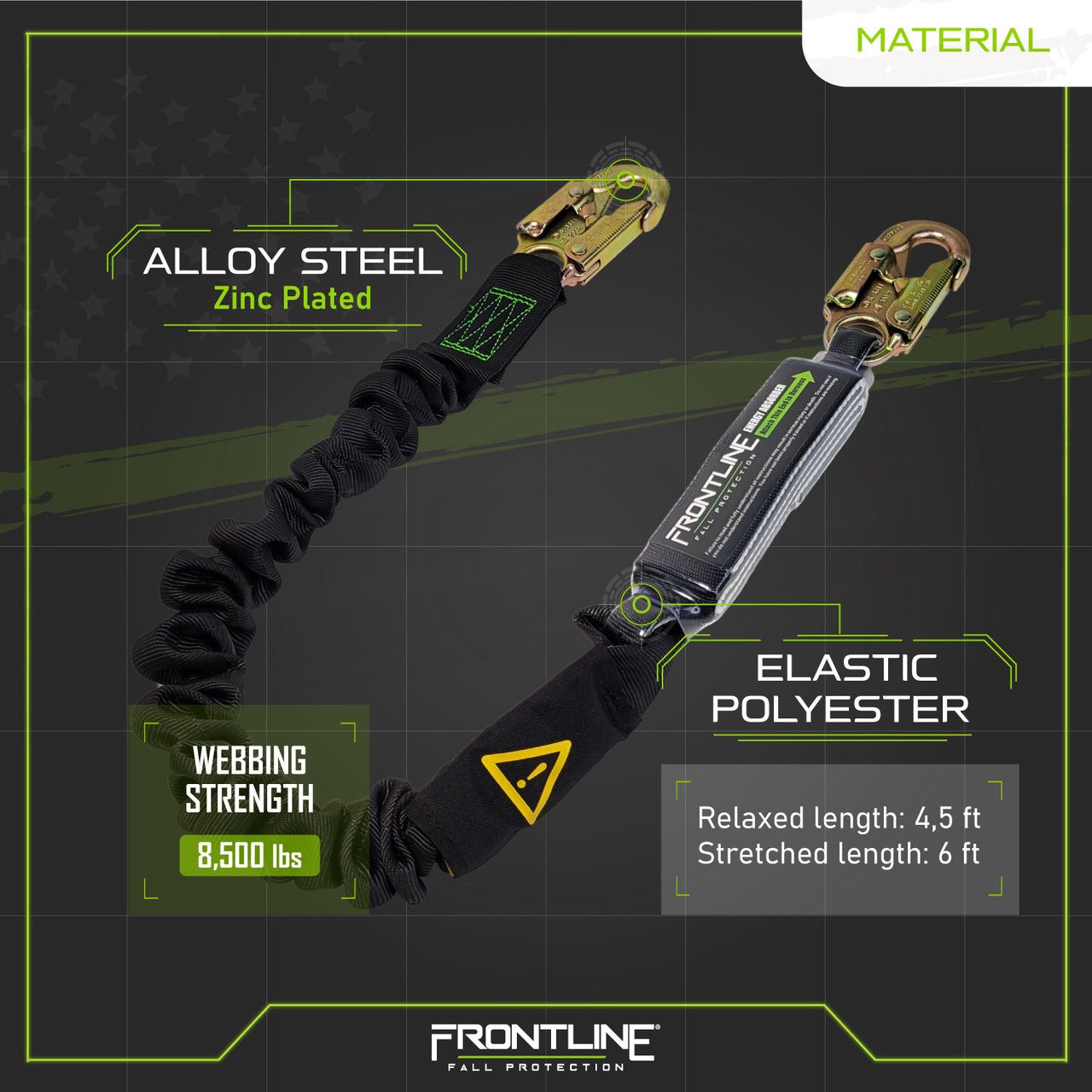 Frontline LES61S - US Patriot 6' Single Leg Elastic Lanyard with Snaphooks - Made in USA - Fire Protection Parts