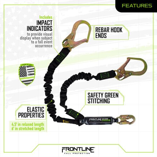 Frontline LES62R - US Patriot 6' Double Leg Elastic Lanyard with Rebar Hook Ends - Made in USA - Fire Protection Parts