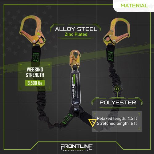 Frontline LES62R - US Patriot 6' Double Leg Elastic Lanyard with Rebar Hook Ends - Made in USA - Fire Protection Parts