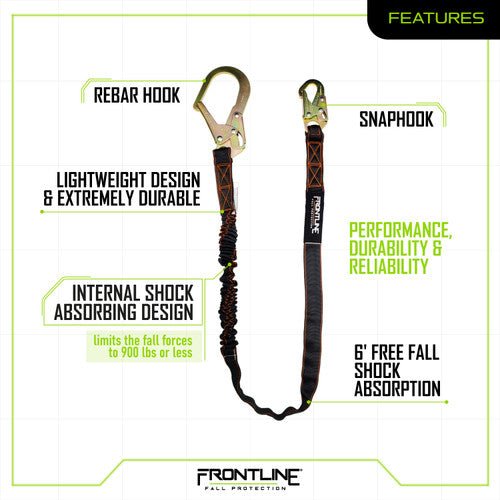 Frontline LIS61R Combat 6' Single Leg Rebar Hook End Lanyard with Internal Shock Absorber - Fire Protection Parts