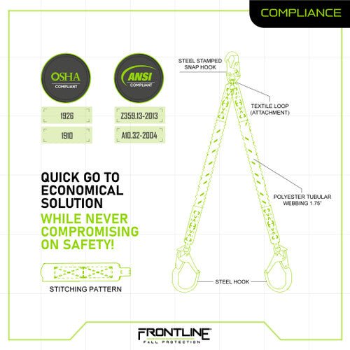 Frontline LIS62R Combat Twin Leg 6' Rebar Hook Lanyard with Internal Shock Absorber - Fire Protection Parts