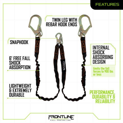 Frontline LIS62R Combat Twin Leg 6' Rebar Hook Lanyard with Internal Shock Absorber - Fire Protection Parts