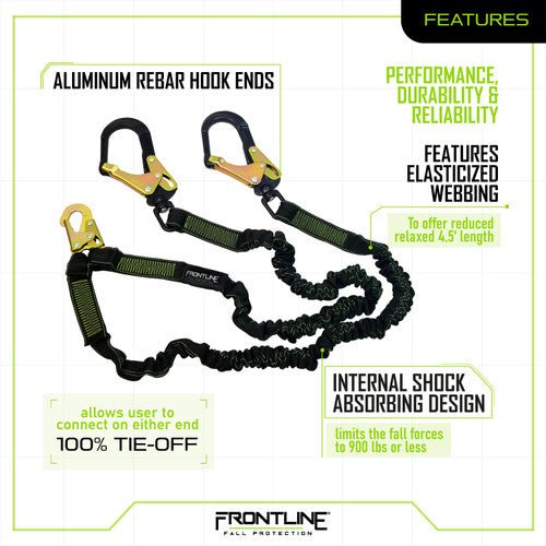 Frontline LIS62RA Elite Lite Elastic Twin Leg 6' Aluminum Rebar Hook Lanyard - Fire Protection Parts