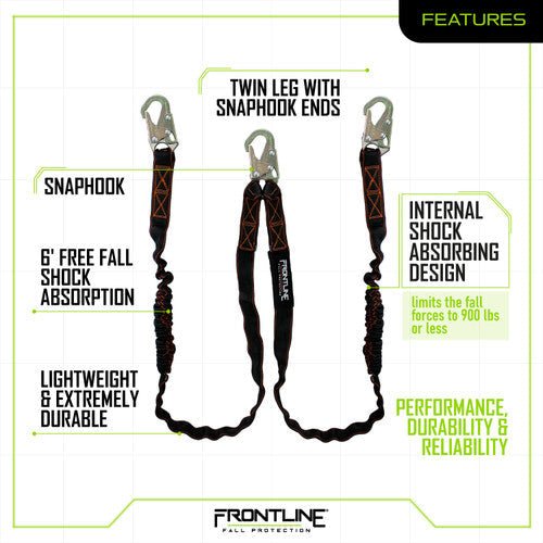 Frontline LIS62S Combat 6' Double Leg Snaphook Lanyard with Internal Shock Absorber - Fire Protection Parts