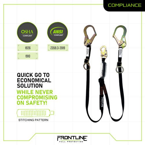 Frontline LPO62RADJ Combat 6' Tie - Back Double Leg Shock Absorbing Lanyard with Rebar Hooks - Fire Protection Parts