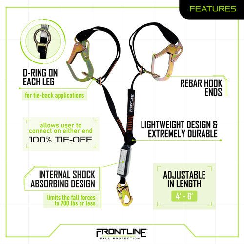 Frontline LPO62RADJ Combat 6' Tie - Back Double Leg Shock Absorbing Lanyard with Rebar Hooks - Fire Protection Parts