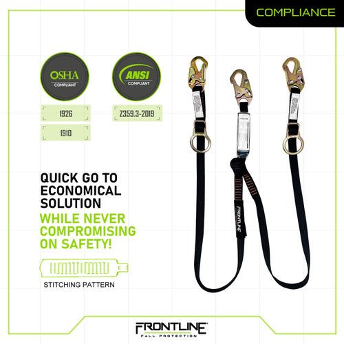 Frontline LPO62SADJ Combat 6' Tie - Back Double Leg Shock Absorbing Lanyard with Snaphooks - Fire Protection Parts