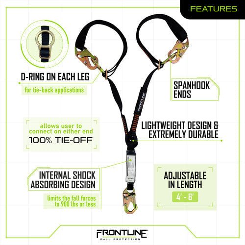 Frontline LPO62SADJ Combat 6' Tie - Back Double Leg Shock Absorbing Lanyard with Snaphooks - Fire Protection Parts