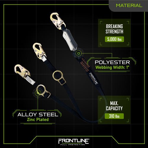 Frontline LPO62SADJ Combat 6' Tie - Back Double Leg Shock Absorbing Lanyard with Snaphooks - Fire Protection Parts