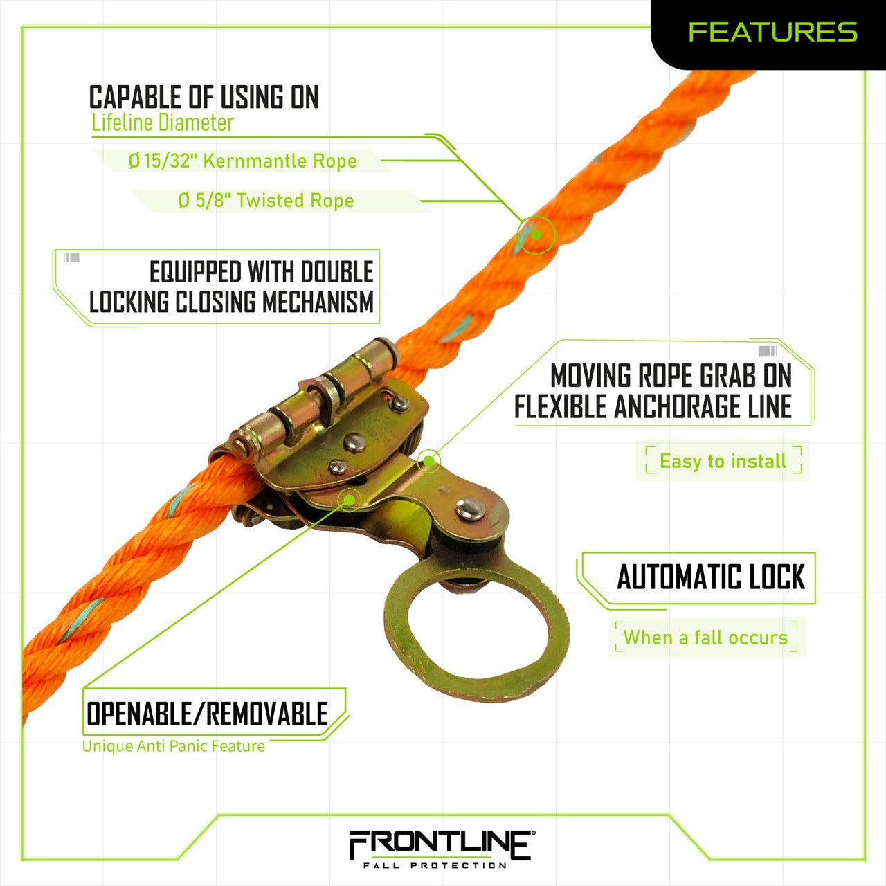 Frontline RGSS58 Self - tracking Rope Grab for 5/8" Lifeline Rope - Fire Protection Parts