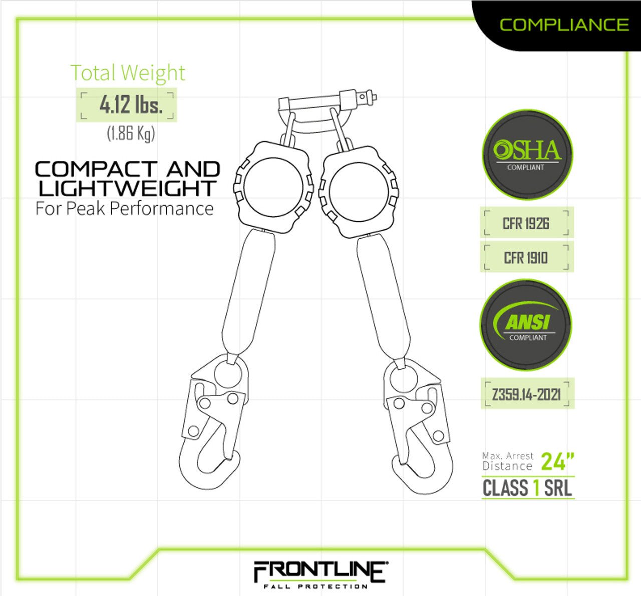 Frontline RPA062S Aramid Twin Fiber Web Single Leg 6' SRL with Steel Snap Hook Ends - Fire Protection Parts