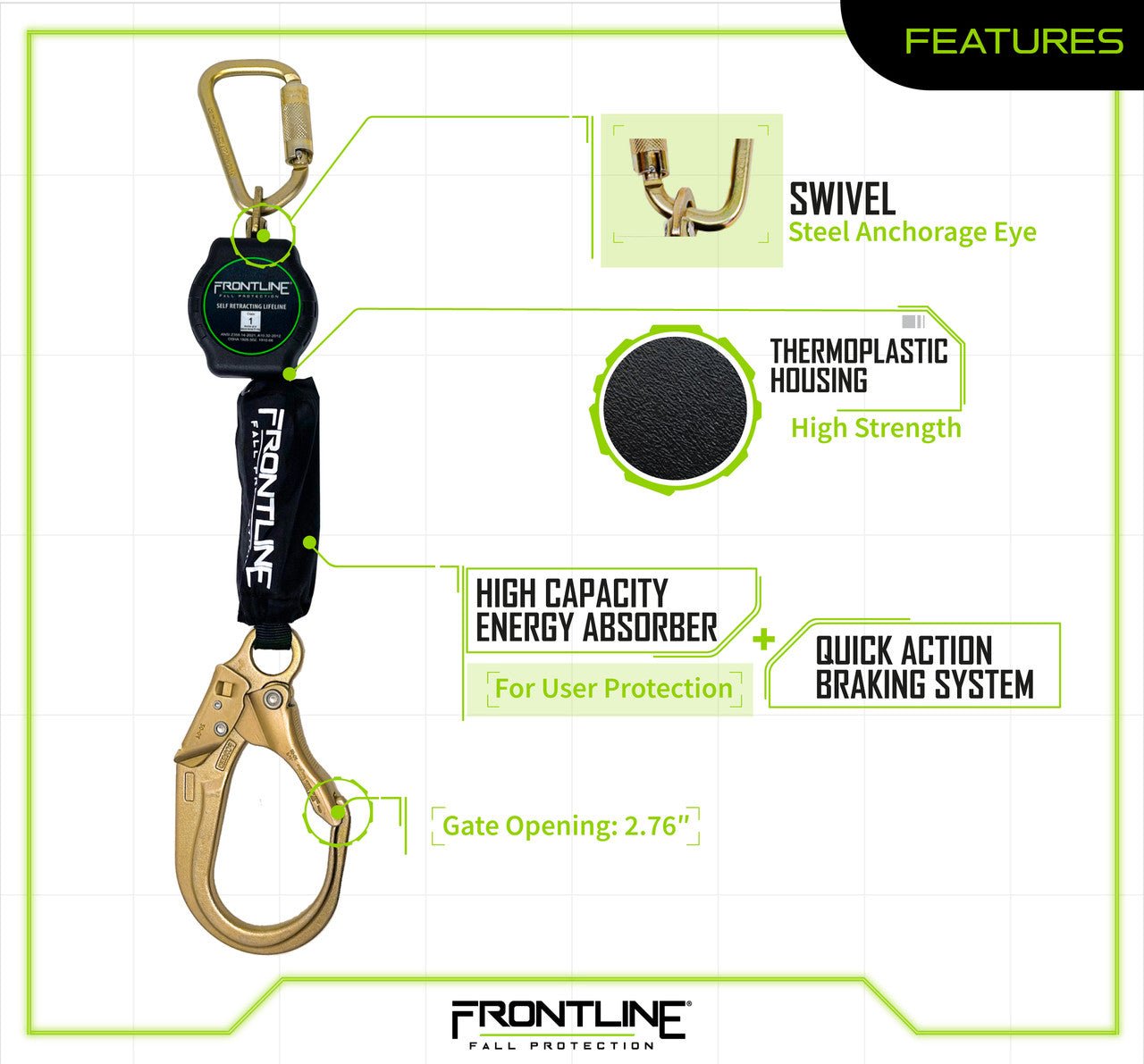 Frontline RPAR Aramid Fiber Web Single Leg SRL with Steel Rebar Hook End - Fire Protection Parts