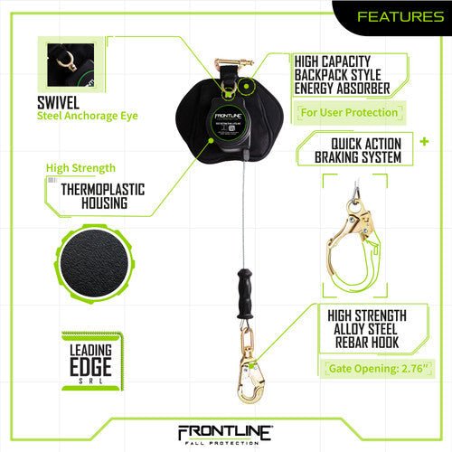 Frontline RPG081RLE Leading Edge Cable Single Leg 8' SRL with Steel Rebar Hook End - Fire Protection Parts