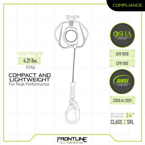 Frontline RPG081RLE Leading Edge Cable Single Leg 8' SRL with Steel Rebar Hook End - Fire Protection Parts