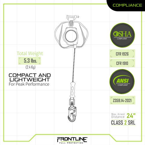 Frontline RPG081SLE Leading Edge Cable Single Leg 8' SRL with Steel Snap Hook End - Fire Protection Parts