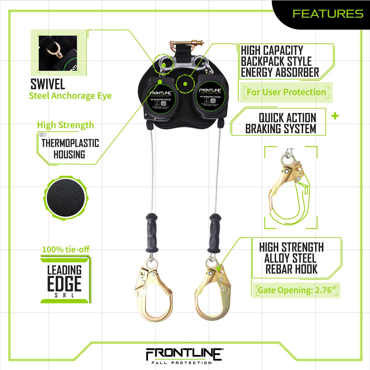 Frontline RPG082RLE Leading Edge Cable Twin Leg 8' SRL with Steel Rebar Hook Ends - Fire Protection Parts