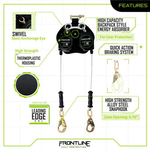 Frontline RPG082SLE Leading Edge Cable Twin Leg 8' SRL with Steel Snap Hook Ends - Fire Protection Parts