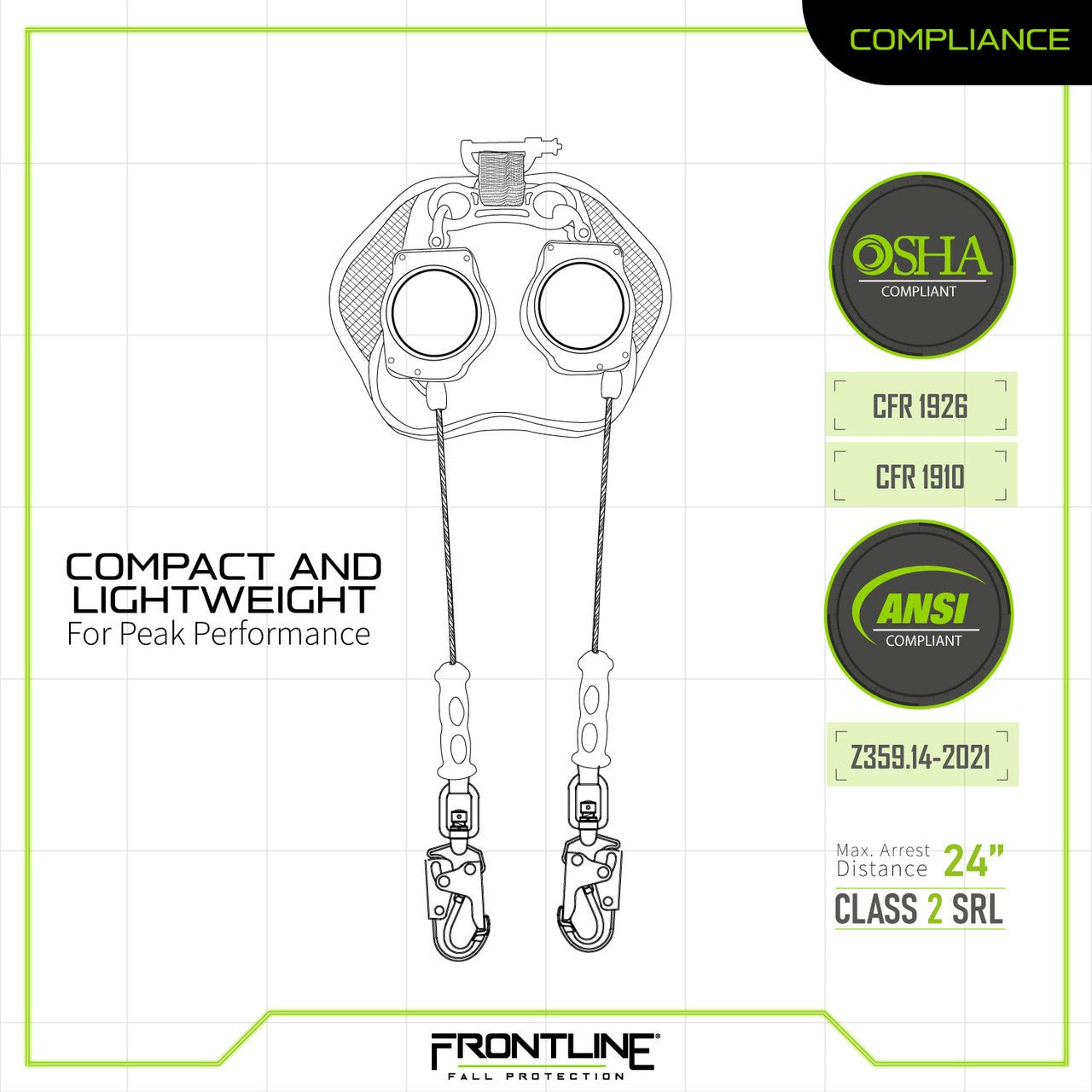 Frontline RPG082SLE Leading Edge Cable Twin Leg 8' SRL with Steel Snap Hook Ends - Fire Protection Parts