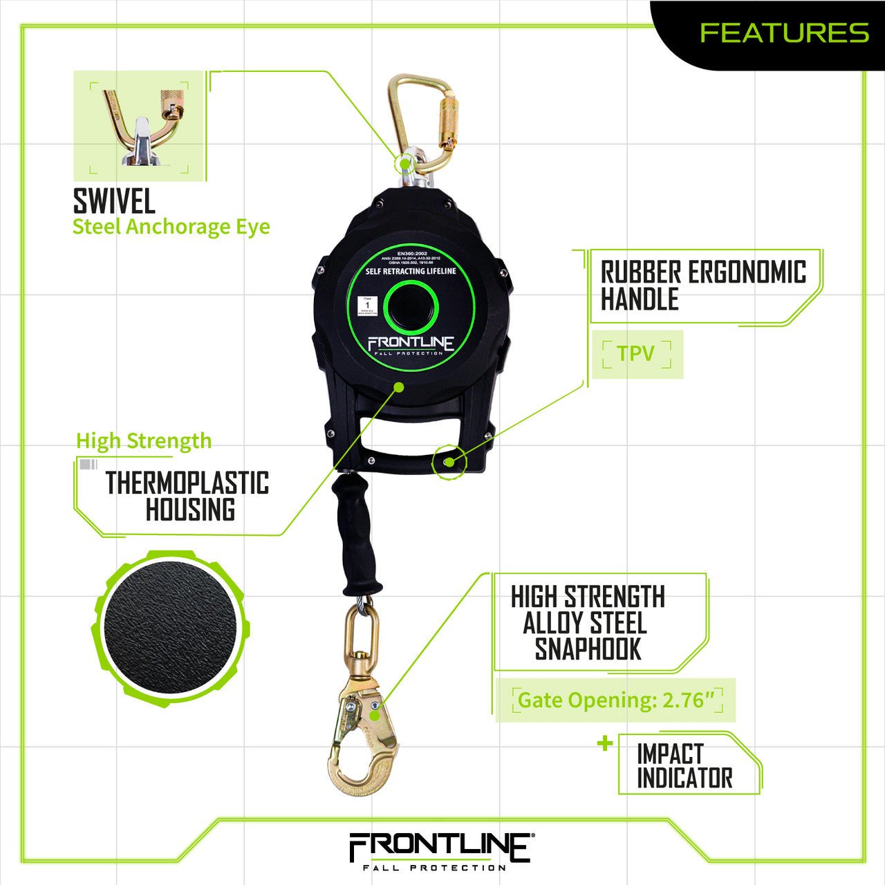 Frontline RPGC Cable Single Leg SRL with Steel Snap Hook End with Carry on Handle and Tagline - Fire Protection Parts