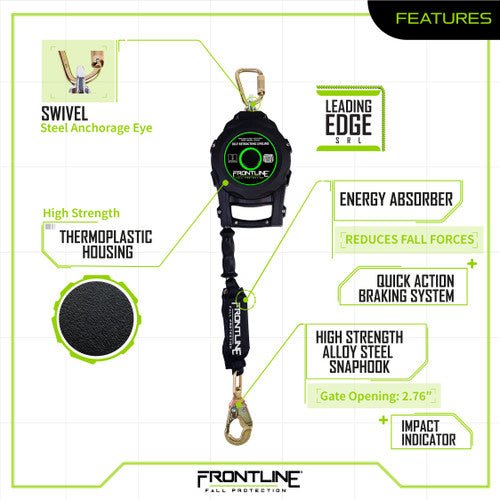 Frontline RPGCLE Leading Edge Cable Single Leg SRL with Steel Snap Hook End with Carry on Handle and Tagline - Fire Protection Parts