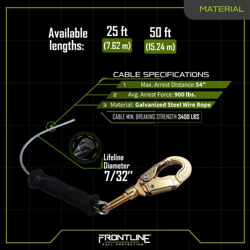 Frontline RPGLE Leading Edge Cable Single Leg SRL with Steel Snap Hook End - Fire Protection Parts