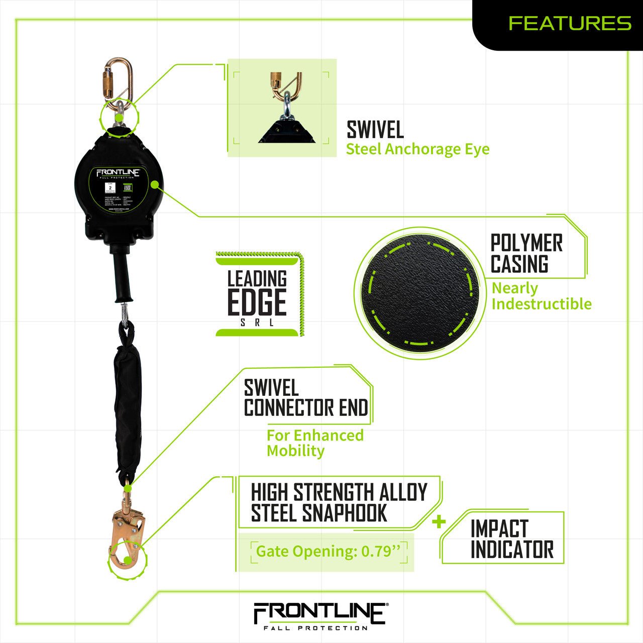 Frontline RPGLE Leading Edge Cable Single Leg SRL with Steel Snap Hook End - Fire Protection Parts